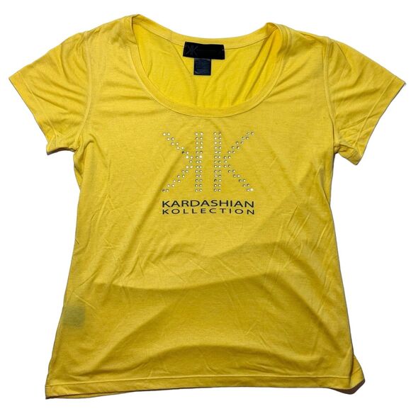 Kardashian Kollection Yellow Bedazzled Logo T-Shirt Short-sleeved VTG Woman's XL - Picture 1 of 4